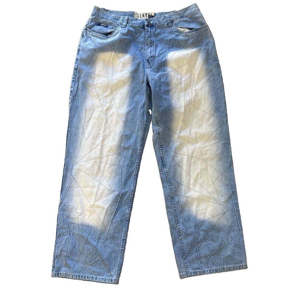 Vintage Y2K Enyce Baggy Jeans Wide Leg Geometric Stitch Big Patch Denim 38